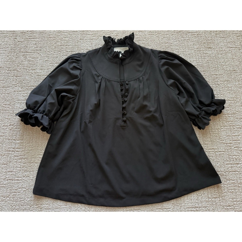 Pomander Place Tuckernuck Selena Blouse L Black Ruffle Puff Sleeve Button Top